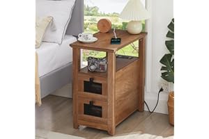 HDDDZSW Farmhouse XXL End Table with Charging Station, Narrow Side Table with USB Ports and Outlets, Nightstand with 2 Drawers Storage, Bedside Tables for Living Room, Bedroom, Wooden Color