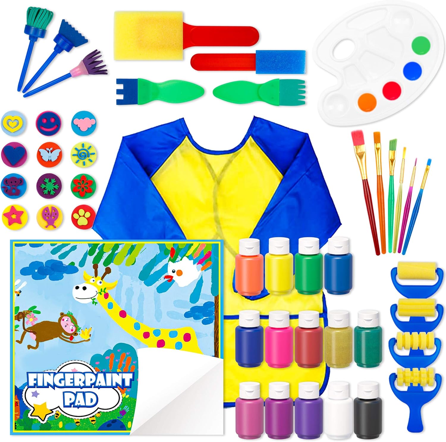 Washable Finger Paint Set, Shuttle Art 46 Pack Kids Paint Set with 14 Colors(60ml) Finger Paints, Brushes, Finger Paint Pad, Sponge, Palette, Smock, NonToxic for Toddlers Home Activity Early Education: Toys & Games