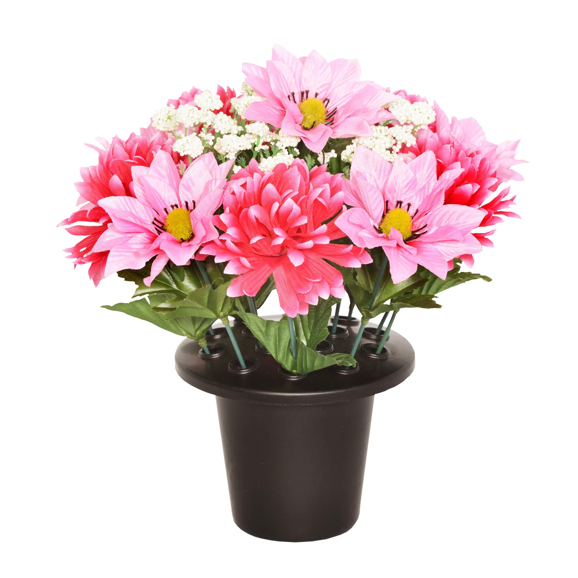 SF 25CM ARTIFICIAL HOT AND PALE PINK CHRYSANTHEMUM & CLEMATIS GRAVE FLOWER POT - VASE INSERT MEMORIAL