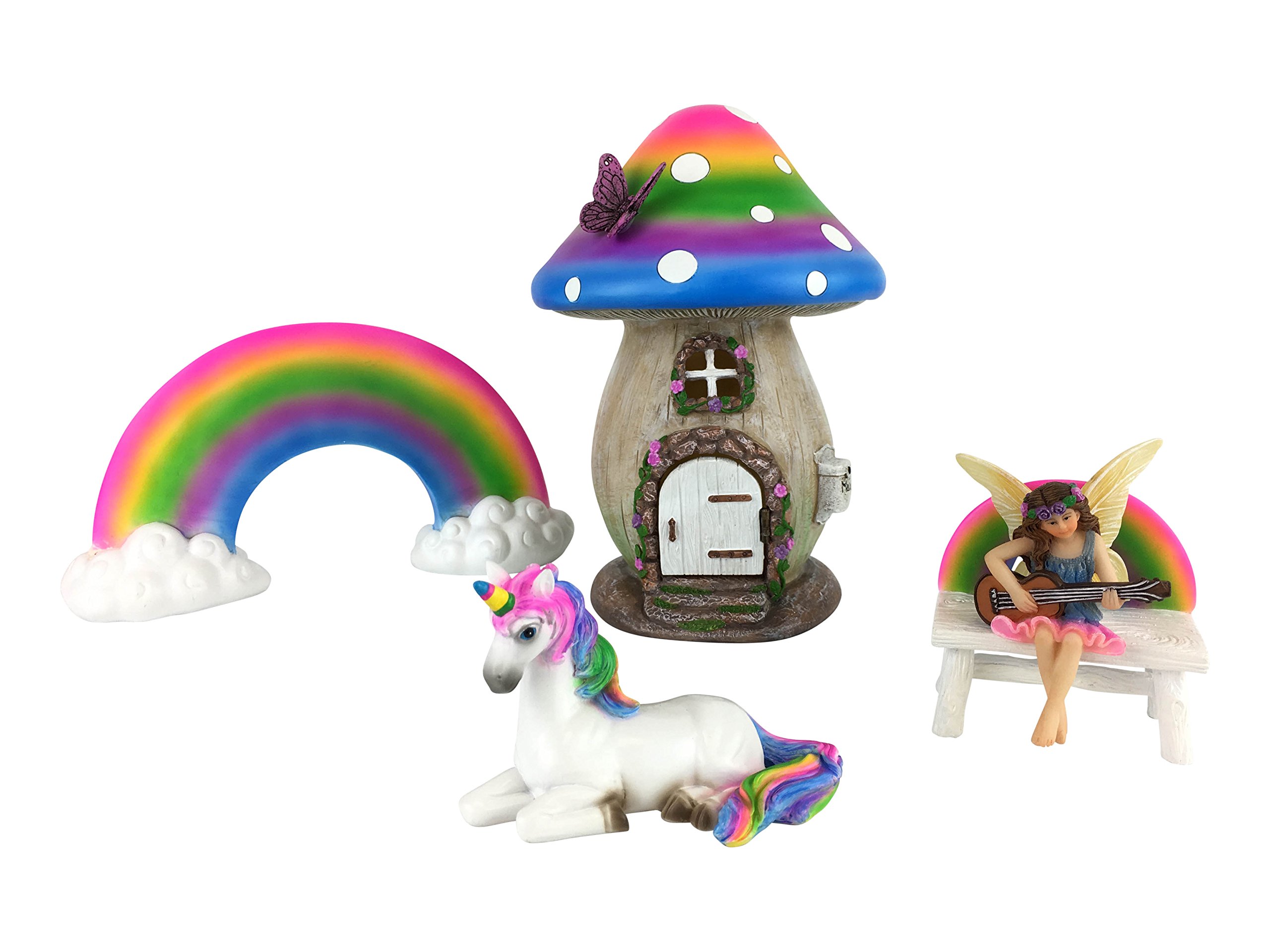 GlitZGlam Miniature Rainbow Mushroom Fairy House Set - 5-Piece Set - Fairy Garden, Miniature Garden, Home, Office, Gift, Outdoor - Rainbow, Resin