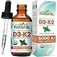 Organic Vitamin D3 K2 (MK-7) Liquid Drops, 5000 IU of sublingual D3 with Coconut MCT Oil, for Strong Bones and Teeth, Heart a