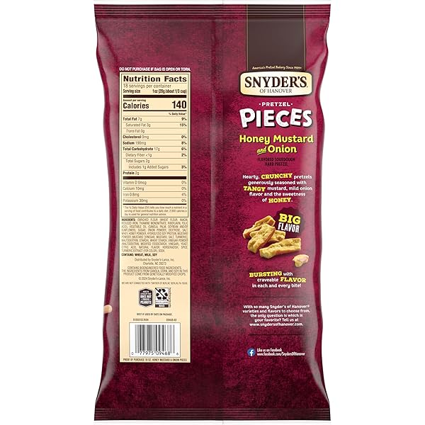 SNYDER’S OF HANOVER HONEY MUSTARD & ONION FLAVORED PRETZEL PIECES, 18 OZ