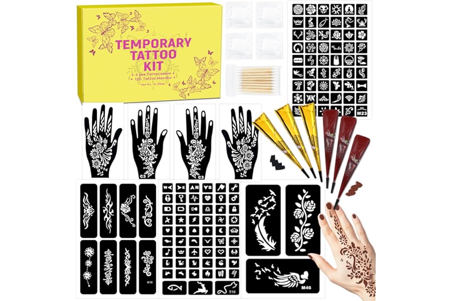 MuseLuxe 126 PCS Temporary Tattoos Stencils Kit,Temporary Tattoos Kit – 6 Pcs 2 Color(Brown Black) Ink with Gloves,DIY Body Art Painting for Women Men Adults Kids