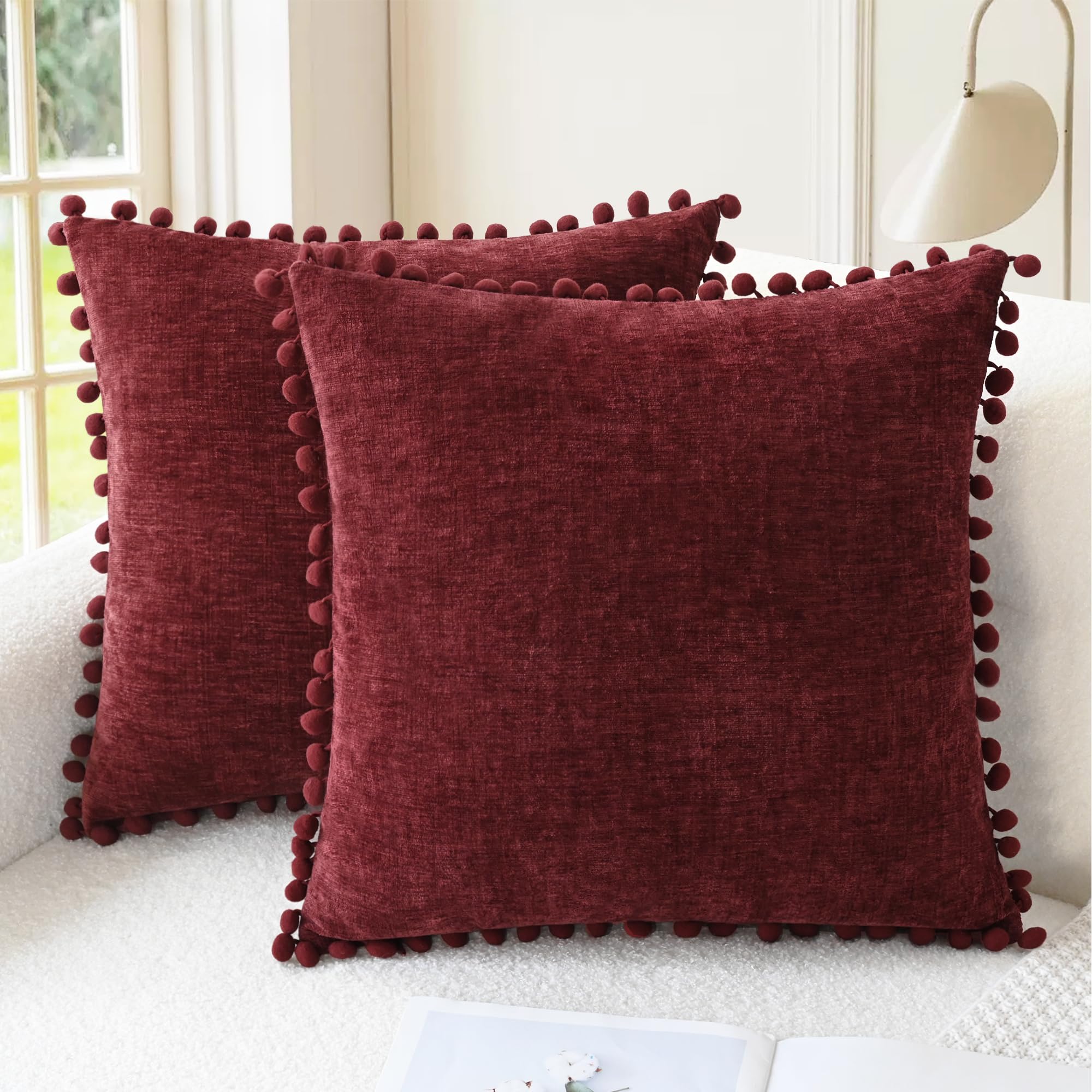 CaliTime Pillow Cases Pack of 2 Cozy Solid Dyed Soft Chenille Cushion Covers with Pom Poms for Couch Sofa Home Decoration 50cm x 50cm Burgundy