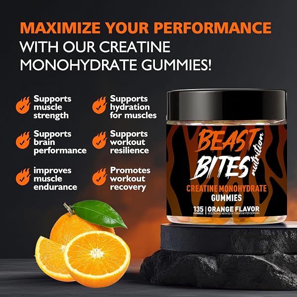 BEAST BITES NUTRITION CREATINE MONOHYDRATE GUMMIES FOR MEN & WOMEN – 5G OF CREATINE MONOHYDRATE PER SERVING – SUGAR FREE,VEGAN, ORANGE FLAVOR, 135 COUNT (45 SERVINGS).