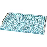 PEMAR Capiz Shell Decorative Tray with Gold Handles – 15.7"x11.8" Rectangular Display & Serving Tray for Vanity, Dresser, Bathroom (Teal Floral)