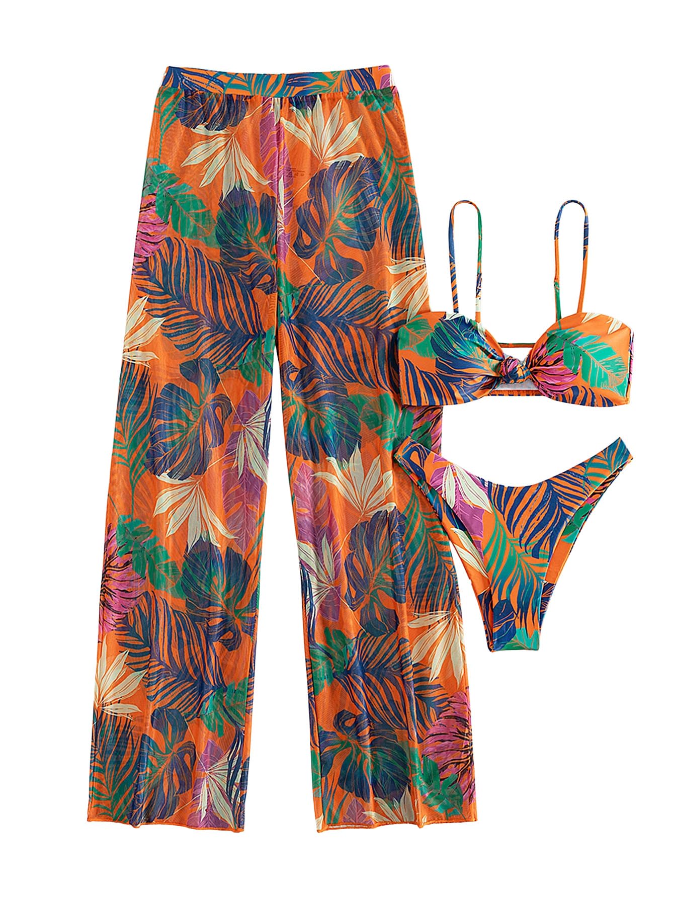 Photo 1 of Milumia Women's 3 Piece Tropical Print Bikini Sets Twist Swimsuit with Cover Up Pants Multicolor Medium