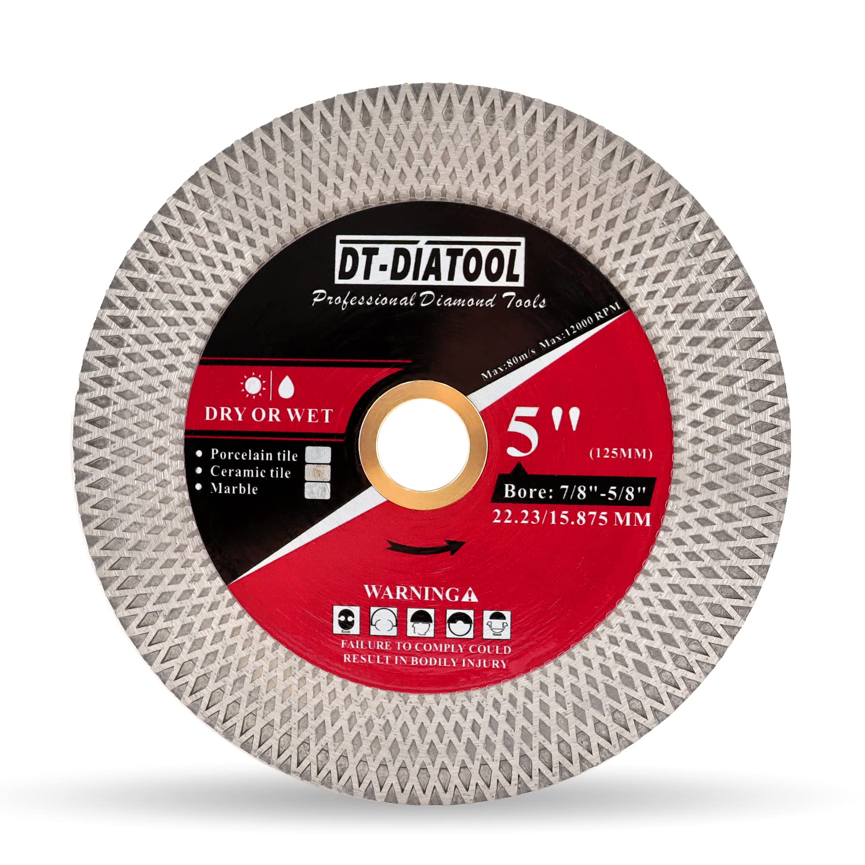 DT-DIATOOL Diamond Tile Cutting Disc 125mm Bore 22.23mm - Double-Sided X Mesh Cutting & Grinding Disc for Porcelain Marble Artificial Stone