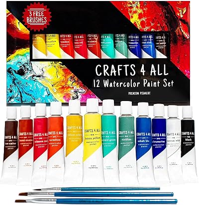 Crafts 4 ALL Watercolour Paint Set 12 Premium Colours with 3 Brushes