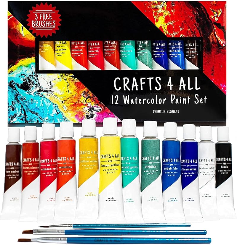 Crafts 4 ALL Watercolour Paint Set 12 Premium Colours with 3 Brushes