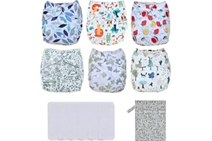 TDIAPERS Baby Cloth Diapers Washable Reusable One Size Adjustable for Baby 6 Pack with 6 Pcs Microfiber Inserts, 1 Wet Bag