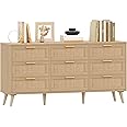 Rovaurx 9 Drawer Double Dresser for Bedroom, Rattan Chest of Dressers, Modern Wooden Dresser Chest with Golden Handles, Beside Table for Closet, Living Room and Entryway, Natural