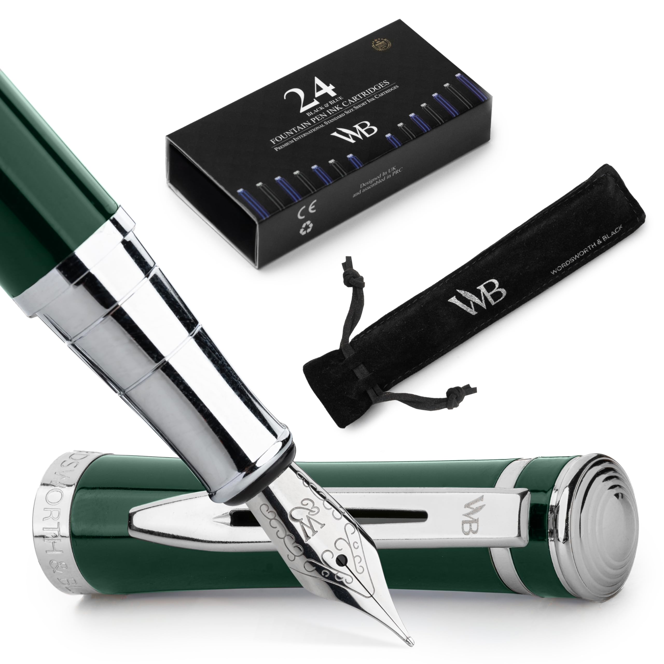 Wordsworth & Black Fountain Pen Set, Medium Nib, Includes 24 Pack Ink Cartridges, Ink Refill Converter & Gift Pouch, Chrome Finish, Calligraphy, [Racing Green], Perfect for Men & Women — image 1