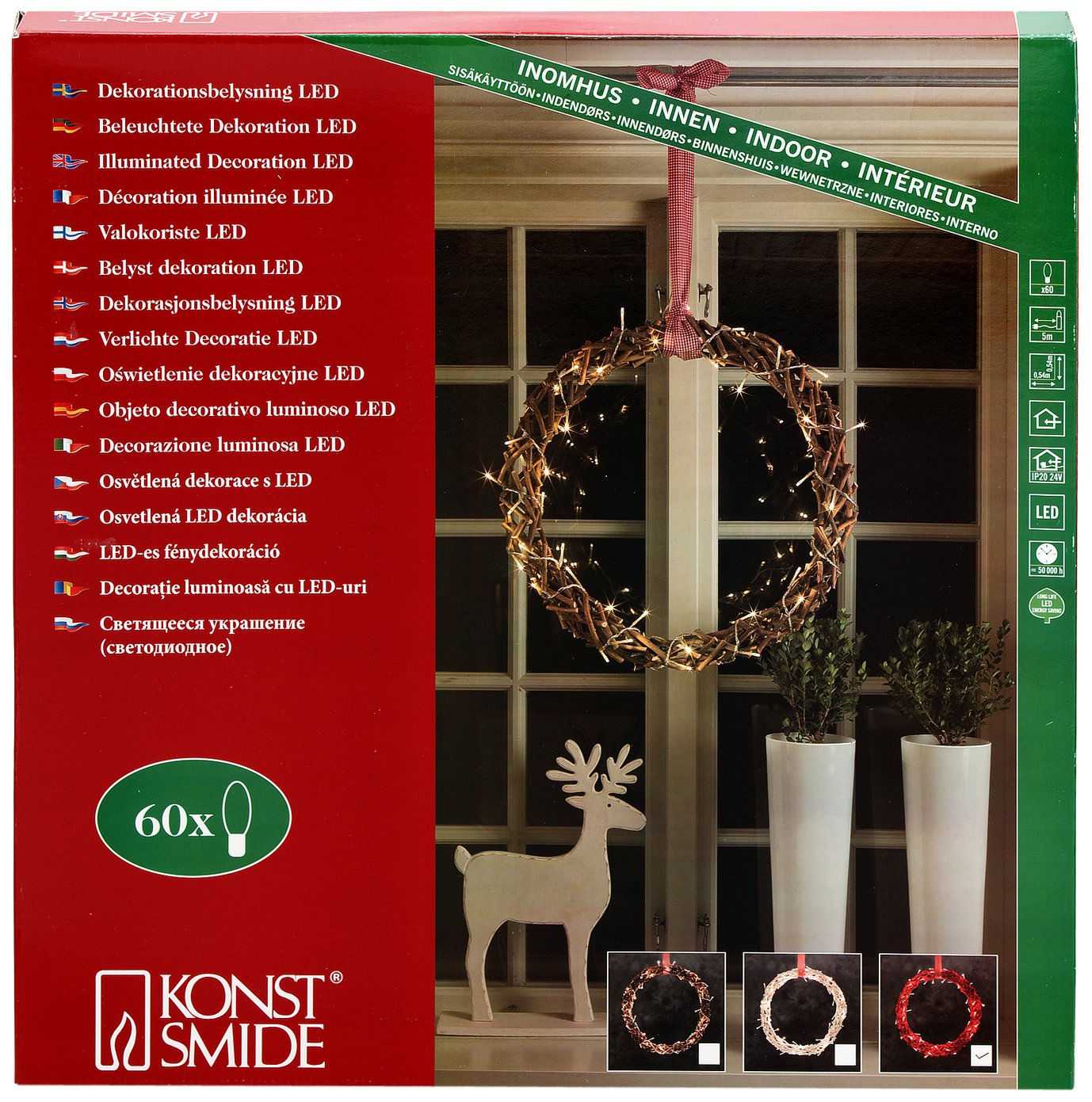 Konstsmide Christmas Lights LED Decoration Wooden Silhouette Wreath, Red/Indoor Use (IP20)/24V Internal Transformer/60 Warm White Diodes/Transparent Cable, 6221-550EE