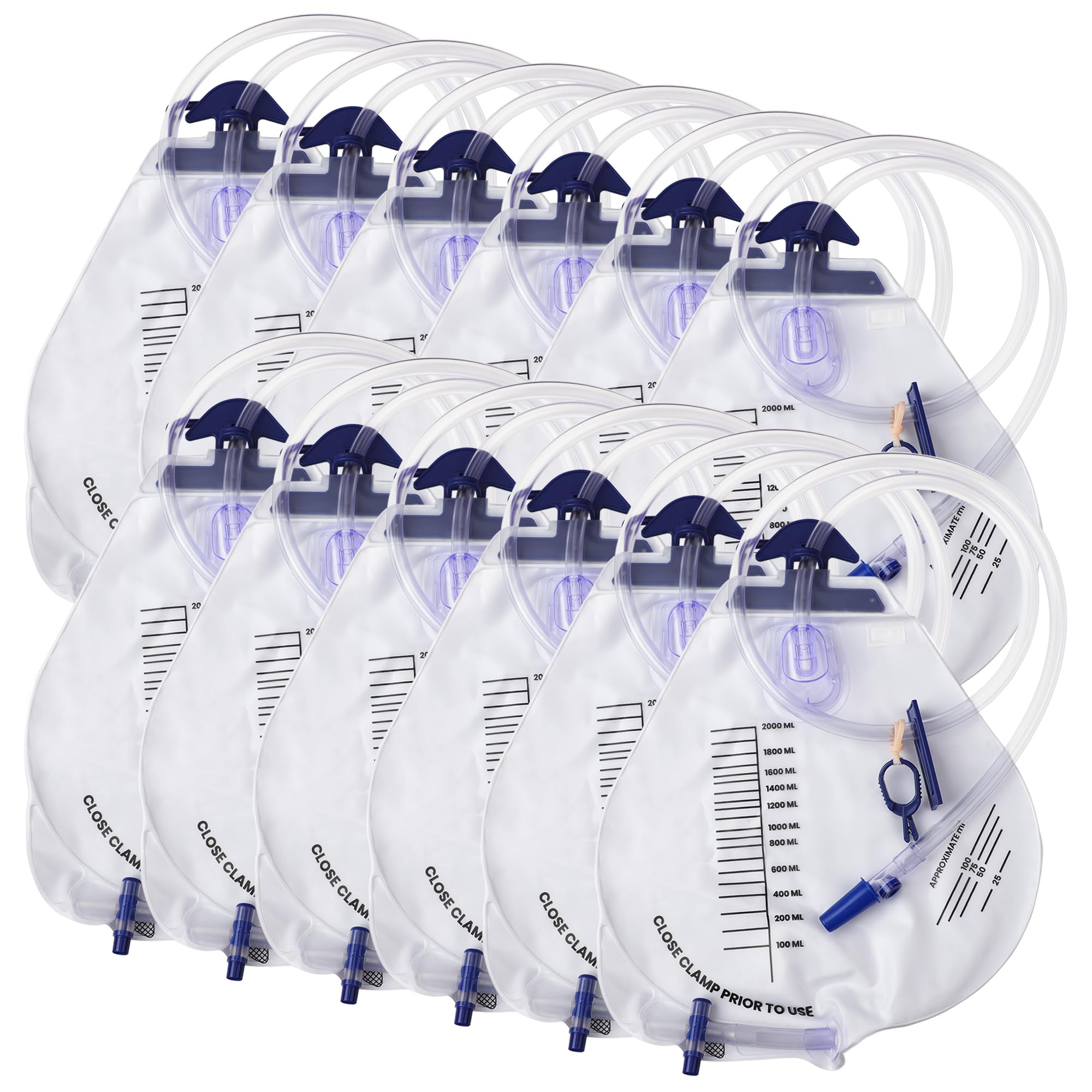 Photo 1 of Urine Drainage Bags - 12 PCS 2000ml Individually Wrapped Catheter Bags with 43" Drainage Tube, Anti-Reflux Chamber, Splash-Proof Drain, Clips and Hooks, Professional Urine Bags for Home and Hospitals