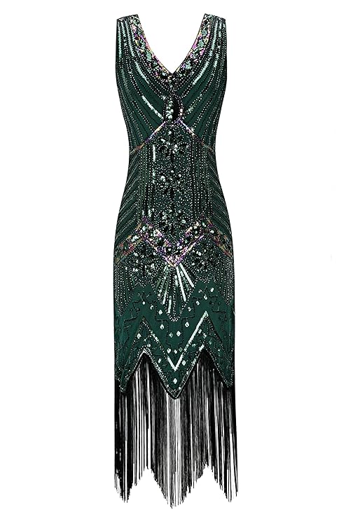 Metme Damen der 1920er Jahre V Ausschnitt Perlen Fransen Gatsby Thema Flapper Kleid für Abschlussball