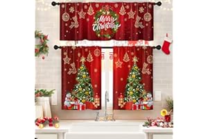 Arttown Christmas Kitchen Window Curtains and Valances Set 36 Inch, Wreath Xmas Tree Snowflakes Holiday Short Tier Curtain for Cafe Living Room Bathroom, Xmas Red 3 Pieces Set Kitchen Decor