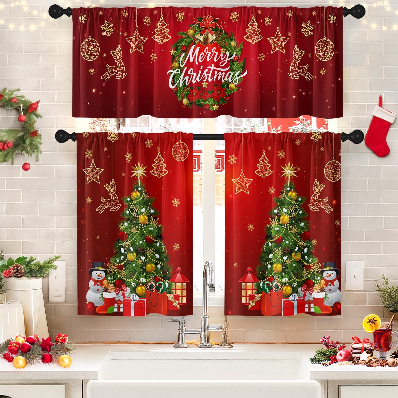 Photo 1 of (used) Arttown Christmas Kitchen Window Curtains and Valances Set 36 Inch, Wreath Xmas Tree Snowflakes Holiday Short Tier