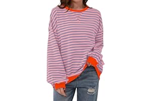calbatic Women Oversized Striped Sweatshirt Long Sleeve Pullover Tops Crewneck Contrast Hem Shirts Vintage Fall Jumpers