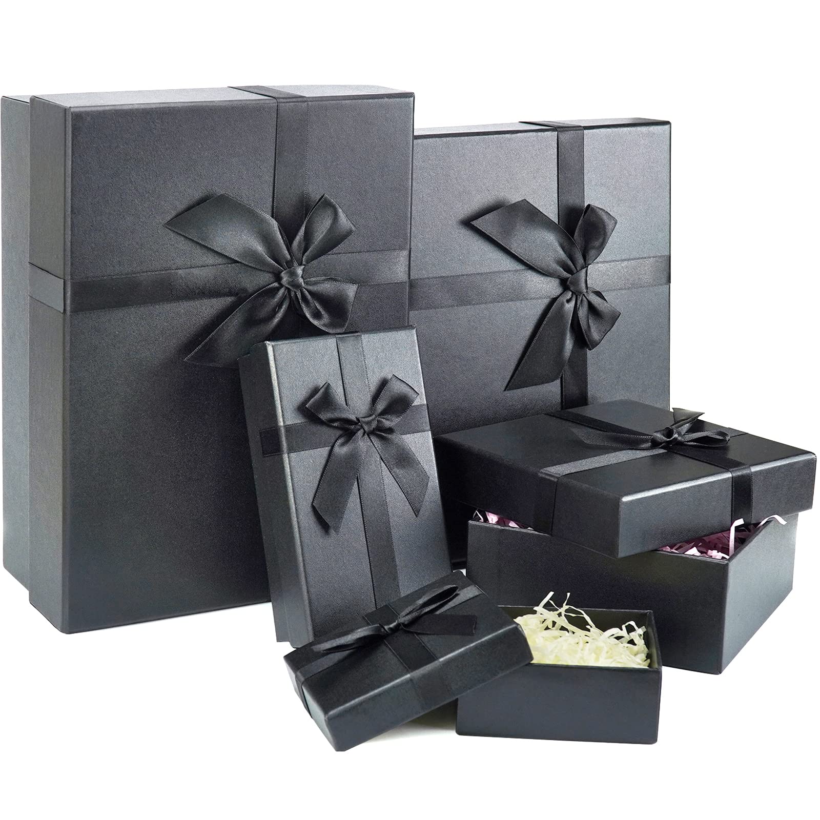 Gift Boxes with Lids, Rigid Gift Wrap Boxes with Satin Bows and Shredded Paper Filler for Christmas Anniversaries,Weddings,Birthdays,a Nested Set of 5(Black)