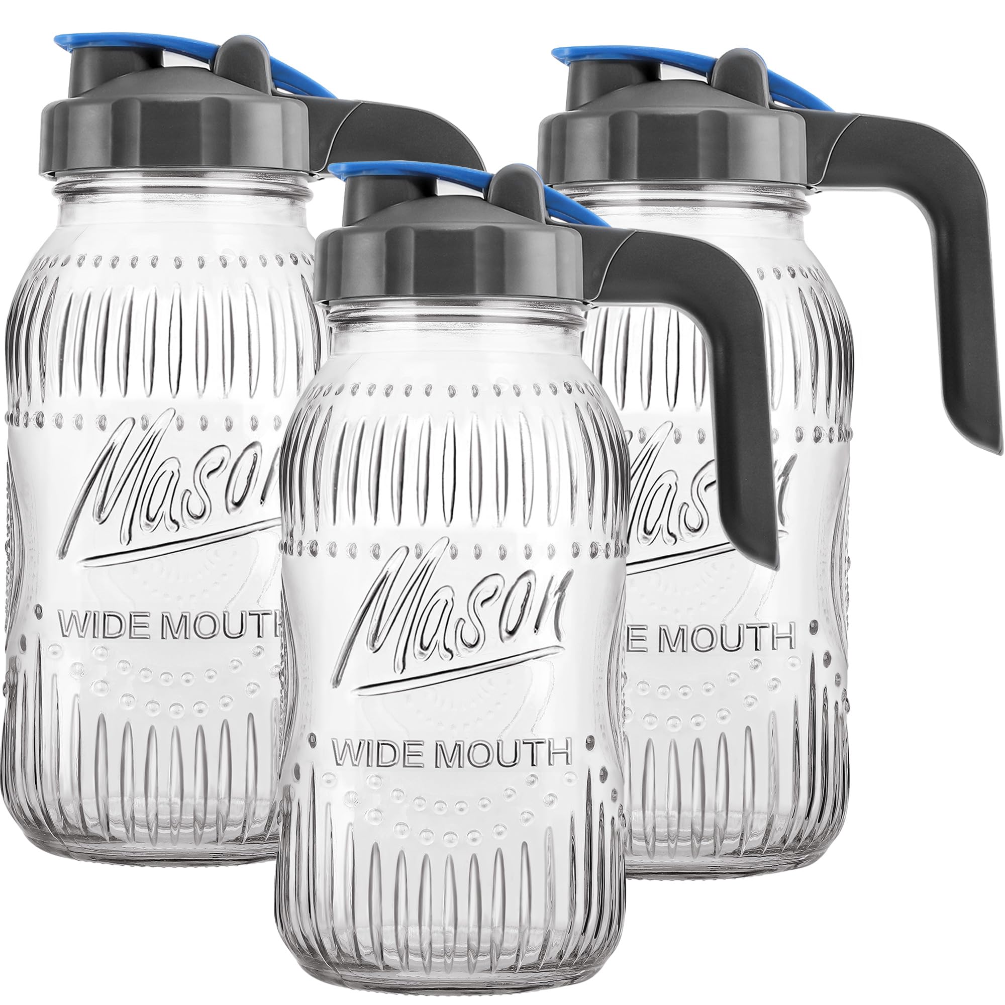 Photo 1 of 64 oz Mason Jar Sun Tea Pitchers with Airtihgt Flip Cap Pour Spout Lids - 3 Pack 2 Quart Half Gallon Glass Pitchers for Breast Milk, Sun Tea, Iced Tea, Cold Brew Coffee, Leak Proof