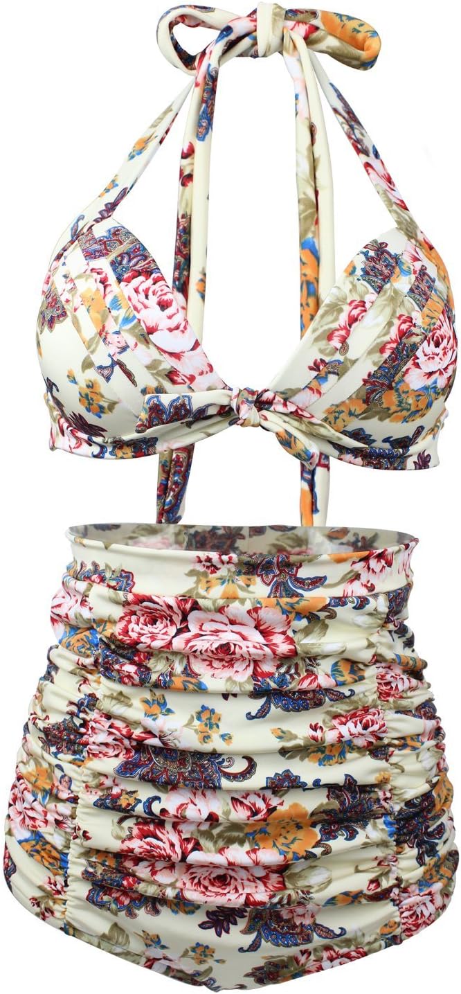 MOMOKI Women's sexy Retro Floral Halter High Waist Bikini Carnival Swimsuit