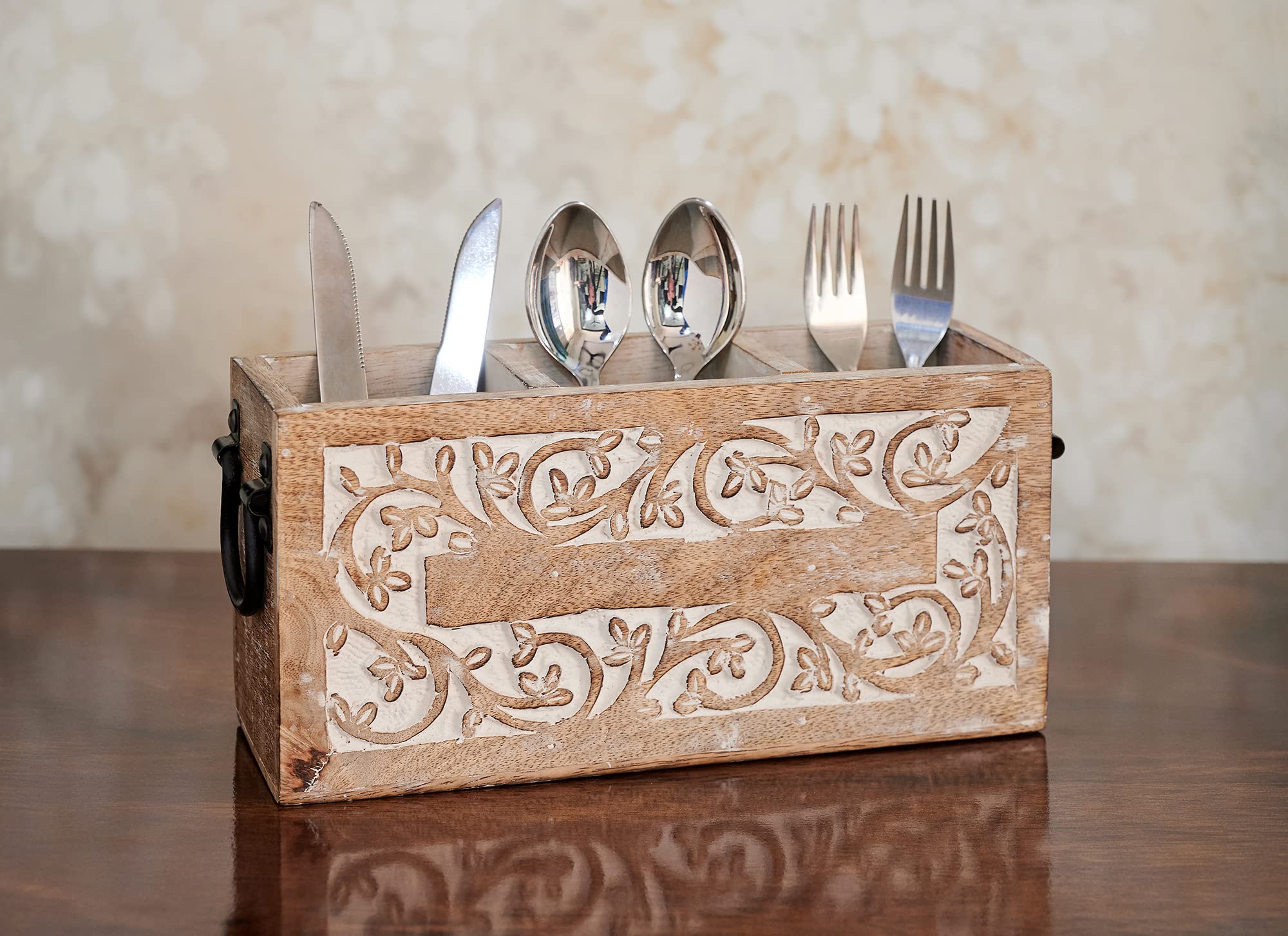 Eximious India Gift for Women Wooden Utensil Cutlery Holder Caddy Flatware and Silverware Organizer Spoons, Forks, Knifes and Napkin Supplies