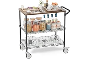 Leteuke Rolling Kitchen Carts with Wheels, 34" L x 17.5" W, 3-Tier Heavy Duty Utility Cart with Wood Tabletop, NSF Commercial Metal Serving Cart with Handle and Shelf Liner for Kitchen, Black