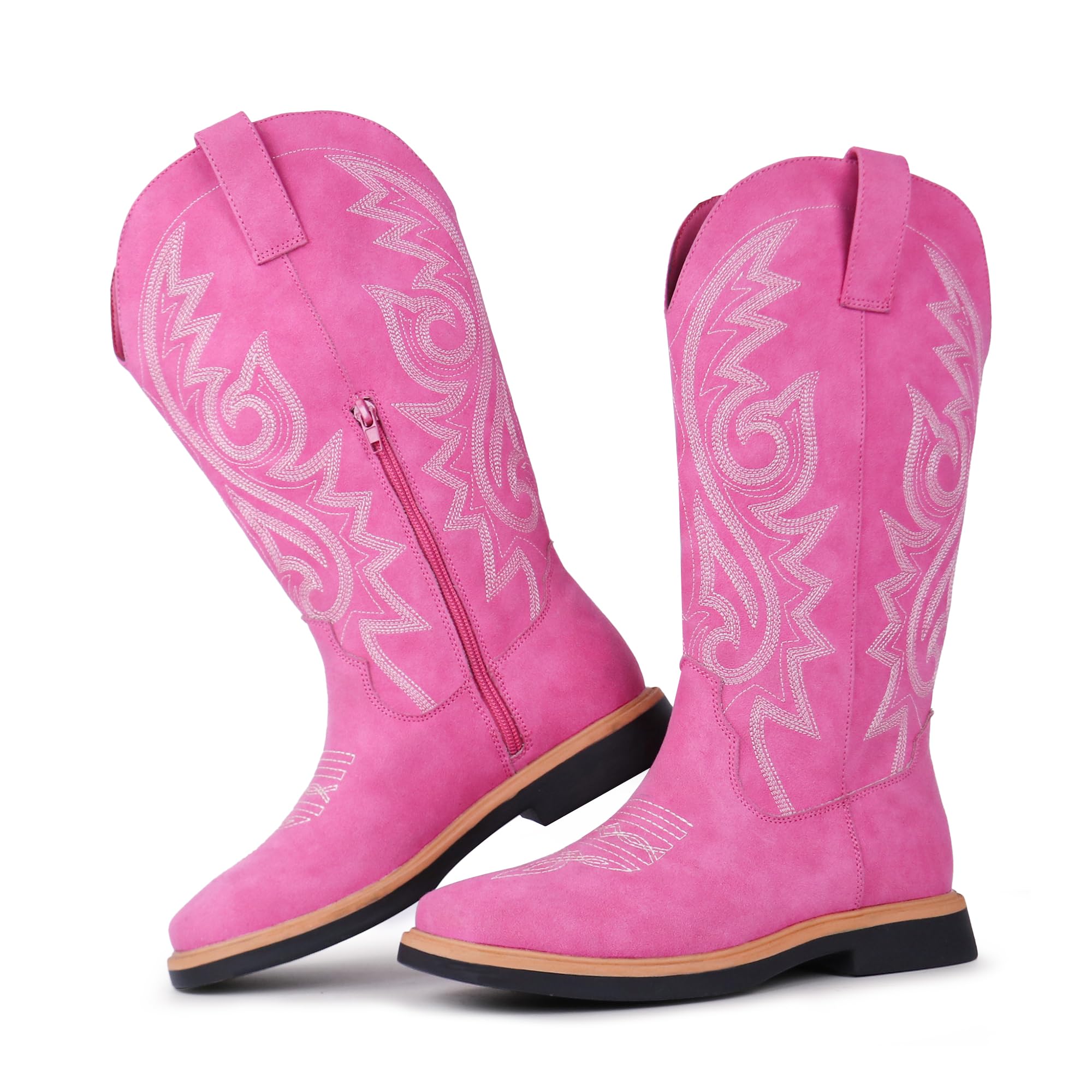 Photo 1 of Hawkwell Women's Cowboy Cowgirl Boots Square Toe Side Zipper Embroidered Low Heel Dress Western Mid Calf Boot,Suede Fuchsia,9 M US