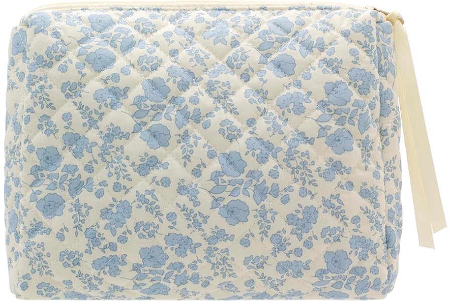 PAZIMIIK Quilted Makeup Bag Large Travel Zipper Soft Cosmetic Pouch for Women Girls Make Up,Little Flower Blue