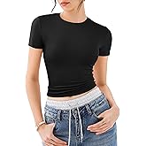 REORIA Women’s Crew Neck Short Sleeve Top Double Lined Basic Tees Ribbed Slim Fit Y2K T Shirt