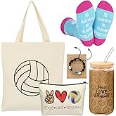 Chunful 6 Pcs Volleyball Gifts Set for Teen Girls & Women Team Essentials Accessories Include 16 oz Glass Jar Tumbler Canvas Tote Bag Makeup Bags Novelty Socks Bracelets for Volleyball Lover Coach