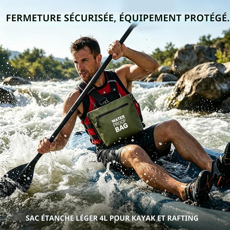 Sac Étanche Bandoulière avec Fermeture Zippée Hermétique, Sac Dry Bag Léger avec Sangle Réglable pour Plage, Natation, Voyage et Usage Quotidien (Vert armée)
