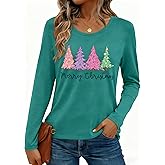 FCGHSII Merry Christmas Shirts for Women: Christmas Tree Long Sleeve Xmas Blouse Tops