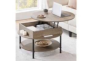 Yaheetech Round Lift Top Coffee Table with Hidden Compartment & Storage Shelf, 31'' Farmhouse Coffee Table Center Tables, 2-Tier Small Round Dining Table for Living Room Reception Room, Gray