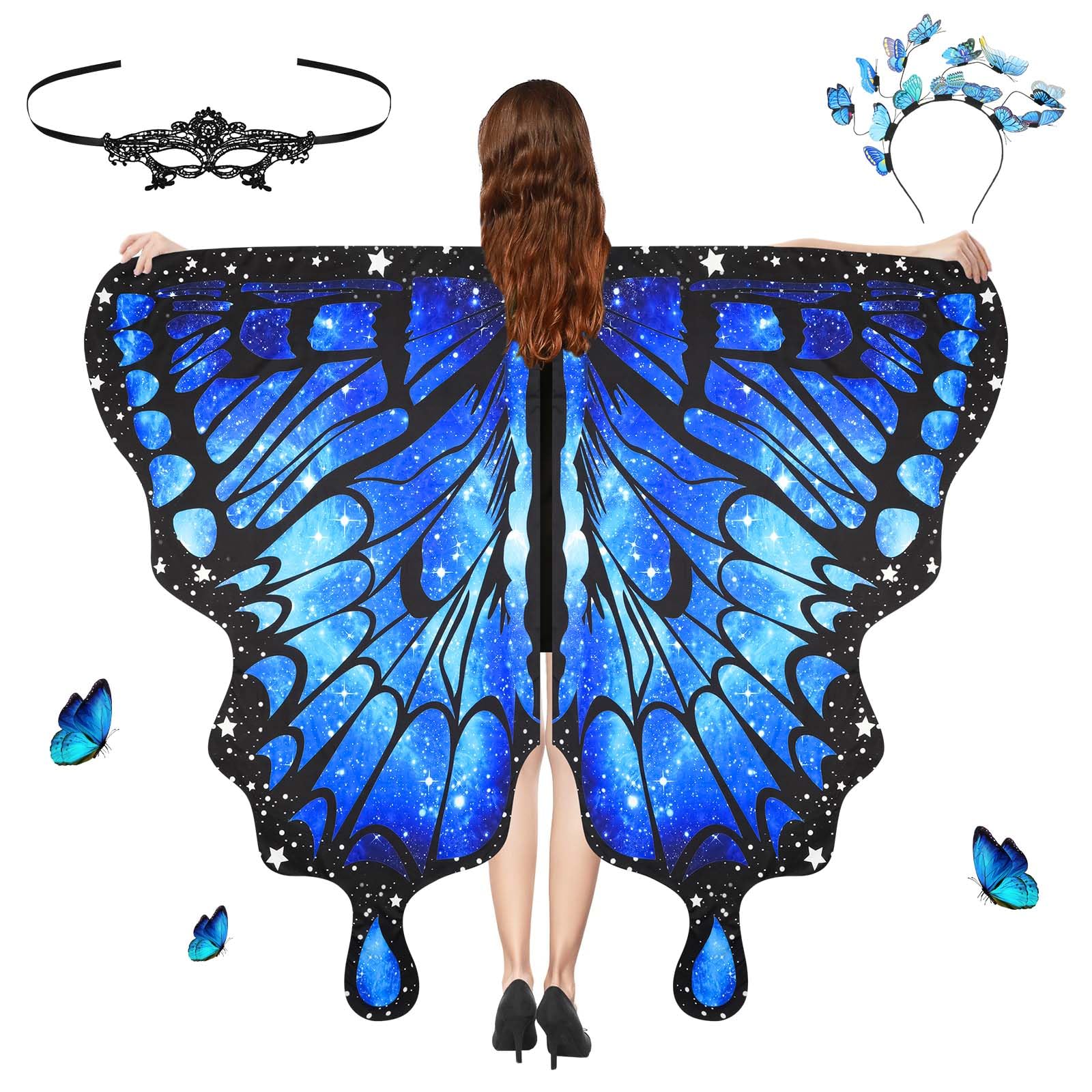 Aomig 3Pcs Womens Butterfly Wings Costume, Adult Butterfly Costumes with Mask and Headband, Adult Fairy Butterfly Wings Fancy Dress Up Costume, Adults Butterfly Wings for Christmas Halloween Cosplay