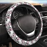 JKJOJIA Skull Flower Pink Cherry Steering Wheel Cover for Women Men Girls Car Accessories Decor Anti-Slip Neoprene Auto Steering Wheel Covers Protector Universal 15 Inch