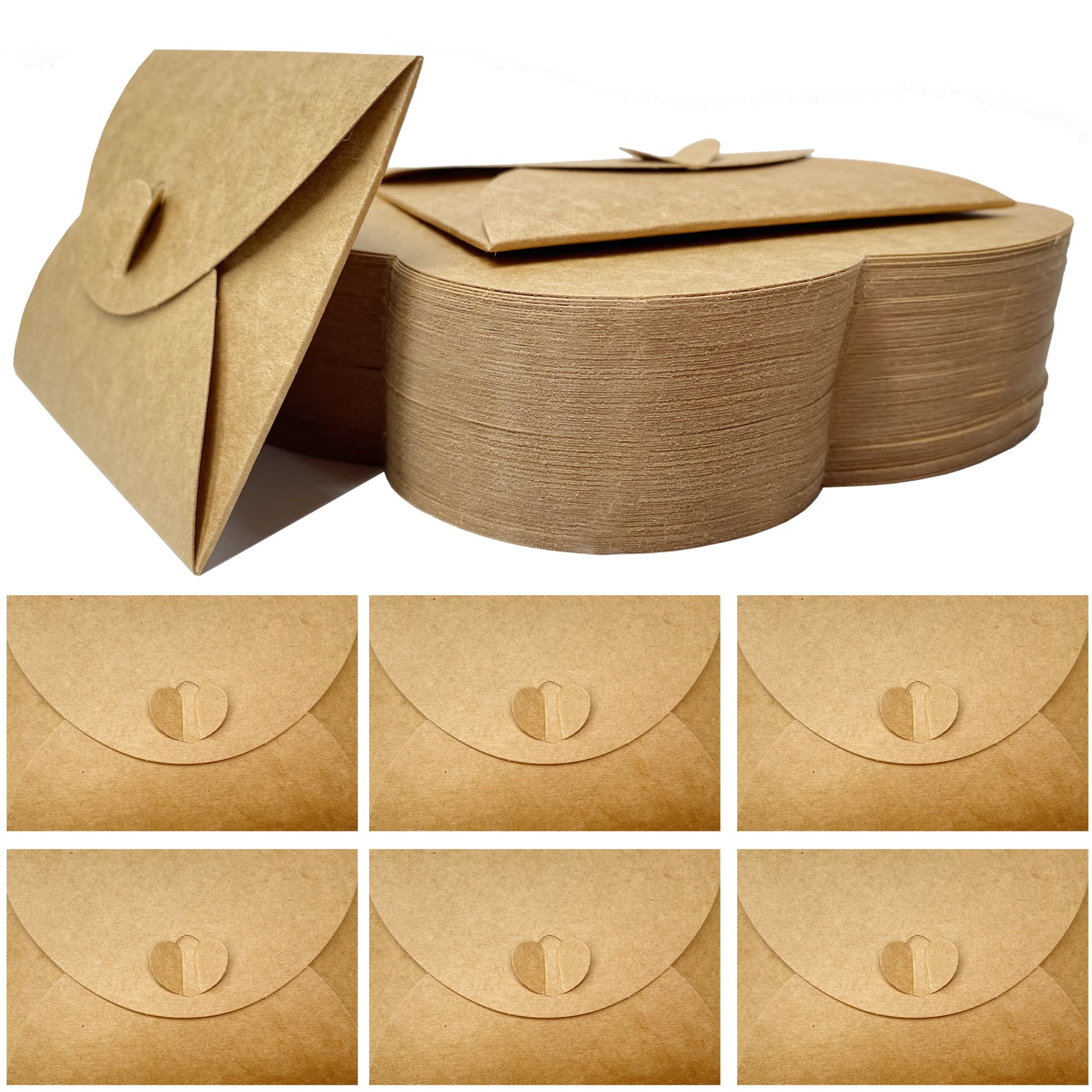 Gift Card Envelopes With Heart Clasp - 100PCS Mini Handmade Kraft Paper Envelopes for Thank You Notes, Christmas, Valentine's Day Gift Cards - Cute DIY