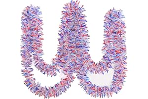KIMOBER 32.8 Ft 4th of July Tinsel Garland, Red White Blue Metallic Garland for Independence Day Memorial Day Decoration