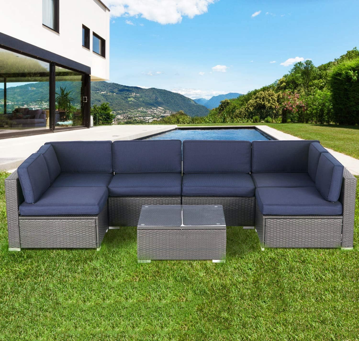 Amazon Com Incbruce Outdoor Patio Furniture Set 7 Piece All Weather Sectional Sofa Outside Couch Manual Weaving Wicker Rattan Conversation Set With Glass Top Table And Removable Cushions Navy Blue Garden Outdoor