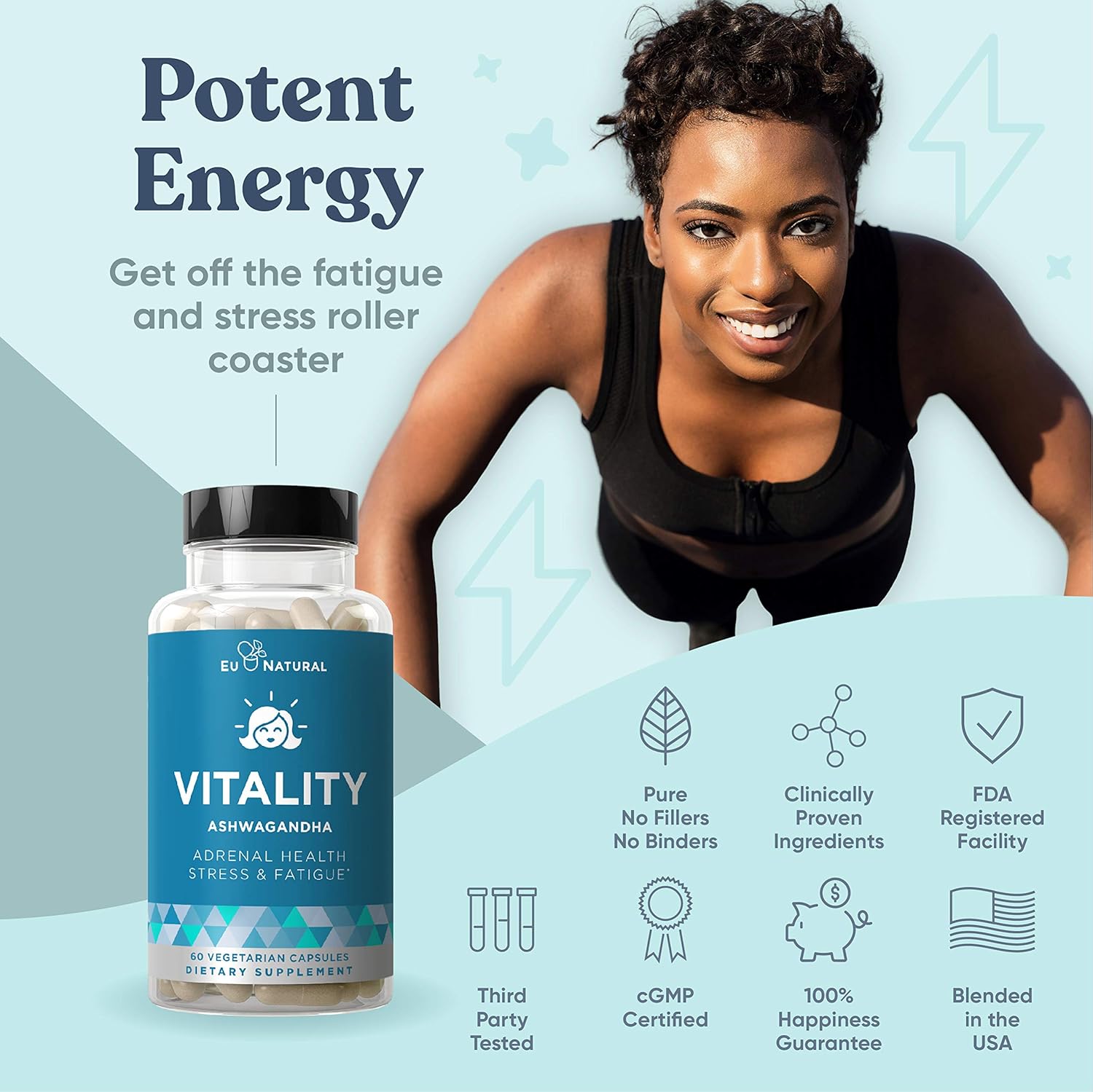 Vitality Adrenal Support, Cortisol Manager, Fatigue Fighter – Stress Relief, Healthy Cortisol, Focused Energy – Ashwagandha, Magnesium, L-Tyrosine – 60 Vegetarian Soft Capsules: Health & Personal Care