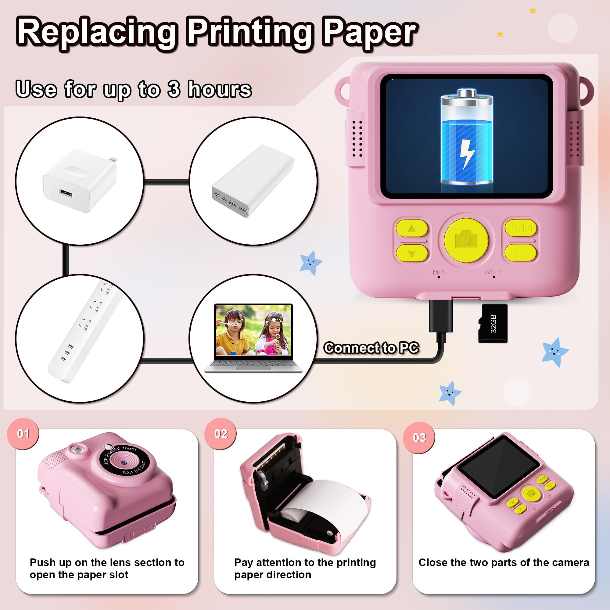 GKTZ Instant Print Camera for Kids - 1080P HD Instant Print Photo - Christmas Birthday Gifts for Age 4 5 6 7 8 9 10 Girls Boys - Portable Toy with 3 Rolls Photo Paper, 32GB Card, 5 Color Pens - Pink