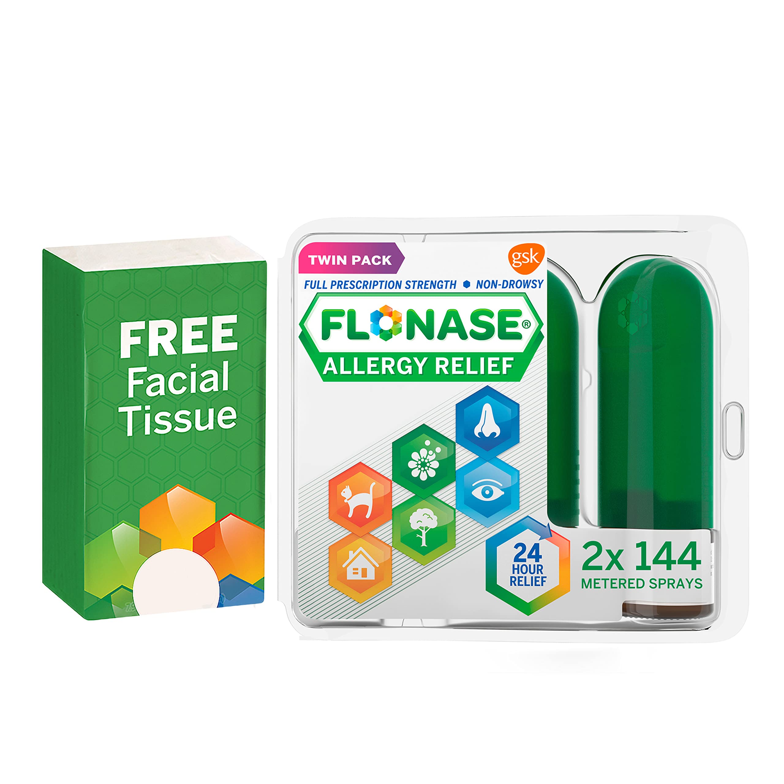 Flonase Allergy Relief Nasal Spray, 24 Hour Non Drowsy Allergy Medicine, Metered Nasal Spray - 144 Sprays (Pack of 2) + Pack of Tissues- Fall and Seasonal Allergy Relief