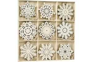 JOYAVO 45pcs Christmas Wooden Snowflakes, 4 inch Unfinished Wood Hanging Cutout Large Snowflakes Ornaments Embellishment for Crafts Rustic Christmas Tree Decor Winter Decoration Gift Tags Kids Xmas Paint
