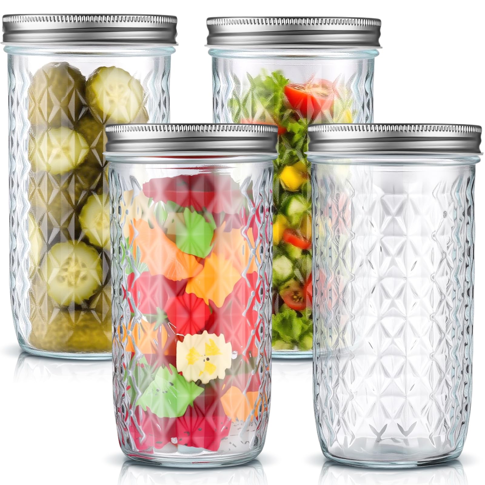 Photo 1 of Patelai 24 oz Vintage Mason Jars, 4 Pack Wide Mouth Mason Jars with Airtight Lids, Glass Diamond Texture Canning Storage for Pickling, Fermenting, Storing, Salad Jam DIY Crafts Home Decor