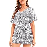 MANER Women’s Sequin Romper Sparkly Short Jumpsuit Party Concert Outfit With Flutter Sleeve