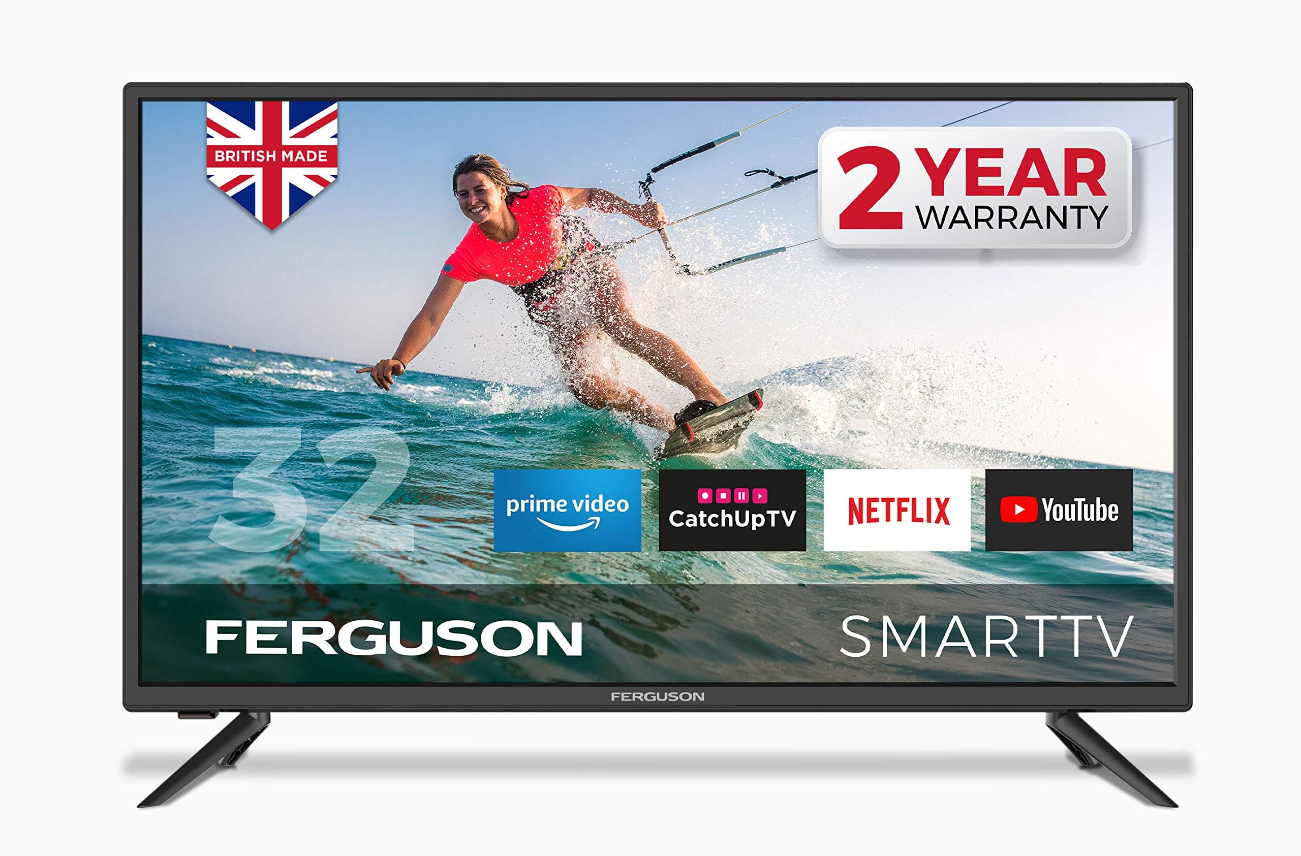 Ferguson 32" 720p Smart LED TV Freeview HD Ready,with streaming apps Netflix, Prime Video, Disney+, BBC iPlayer, ITV Hub, etc, Made in the UK