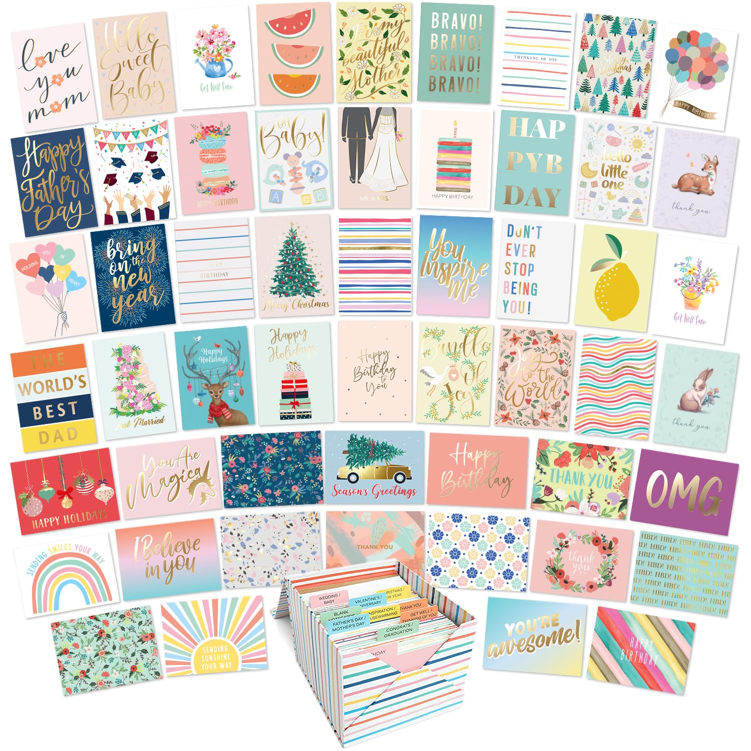 Sweetzer & Orange All Occasion Cards Assortment Box. Set of 100 Assorted Greeting Sheets for every Occasions with thank you Card Organizer Box. 17 Types of flyers include Blank sheets with Envelopes