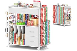 PUNLUXU Wrapping Paper Storage Cart, Rolling Gift Wrap Station with Ribbon and Gift Bag, Craft Organizer Holder, 01 MAX Patent Protected