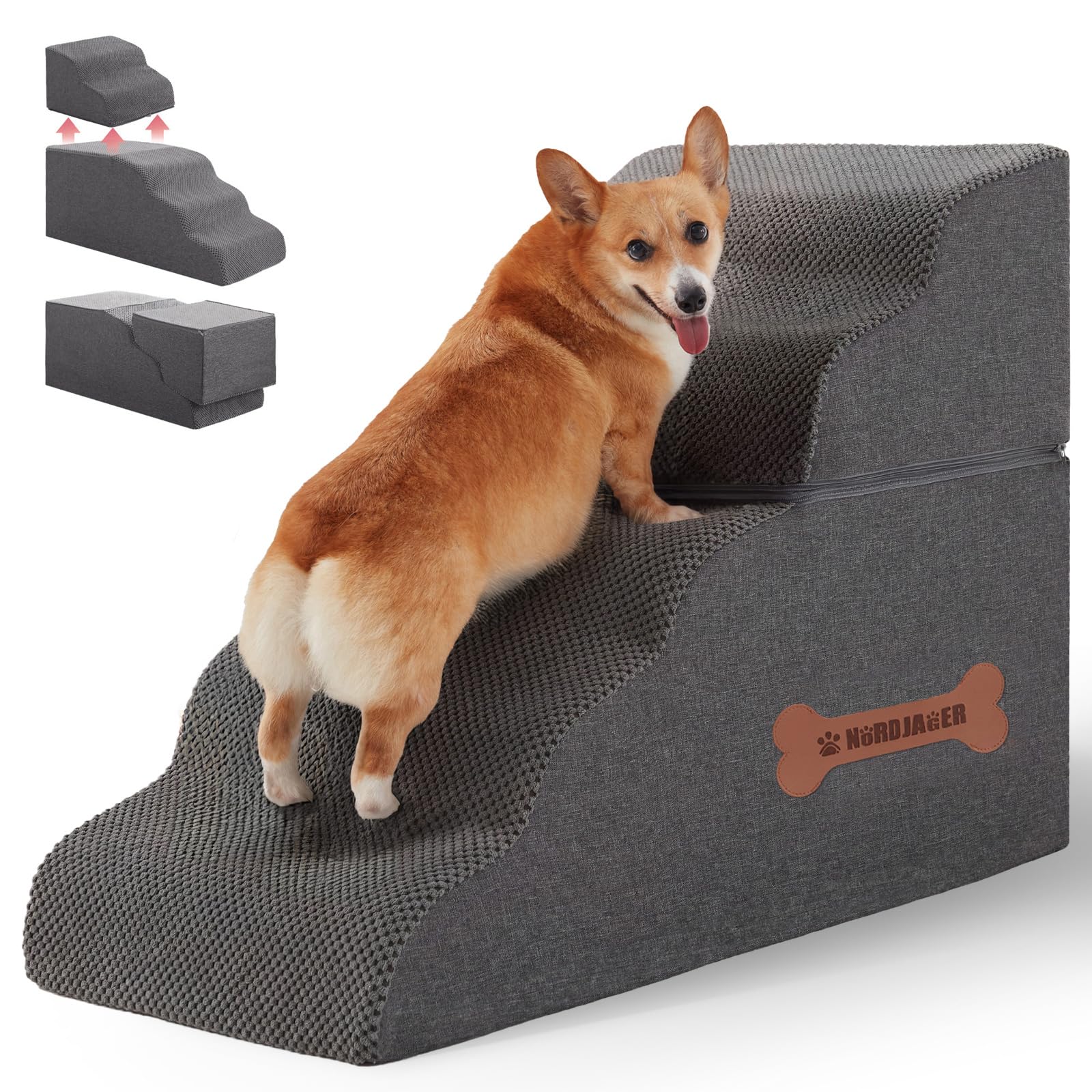 Photo 1 of 5-Step Spliceable Pet Stairs: Indoor& Outdoor Multi-Use with a Removable Cover and a Pocket, Best for Small Pets and Older Dogs Who Has Spine and Arthritis Issues to Get on High Beds, Grey?22.8" H